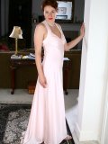 Elegant lady in pink night gown pulls up her dress and reveals her horny pussy and tits!