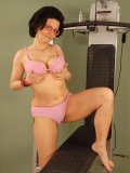 Nerdy lady makes a big move! She strips in the gym and has sexual fun regardless of embarrassment!